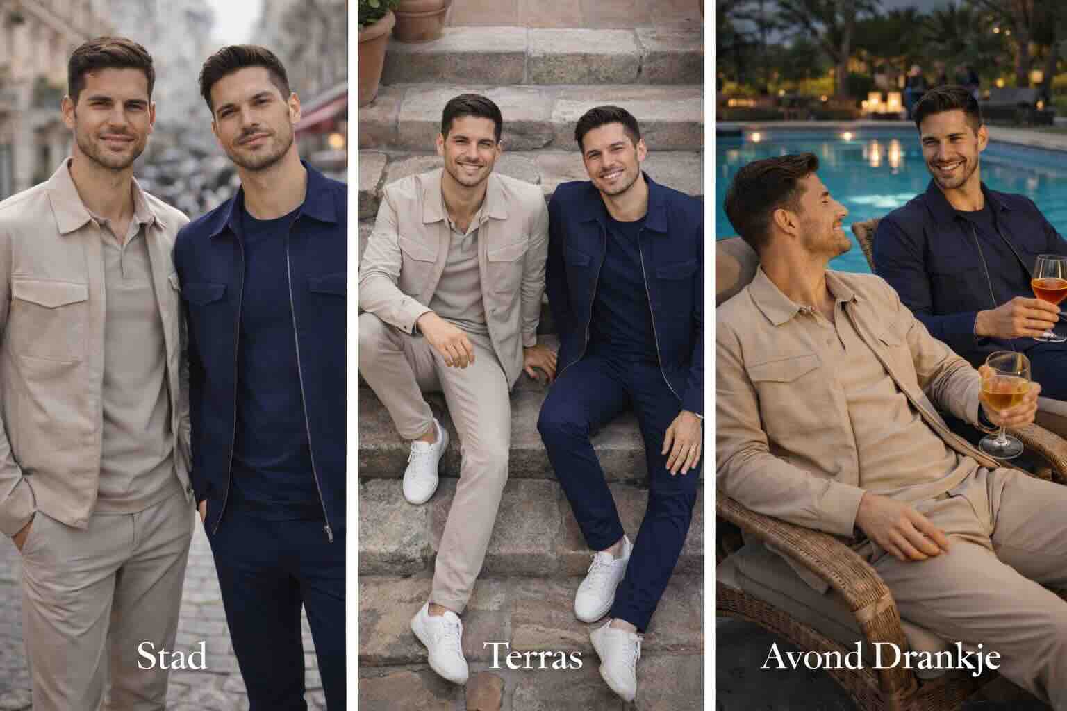 Mi Piace mannen travel kleding in dezelfde kleur broek, polo en overshirt gemaakt van comfortabele travelstof