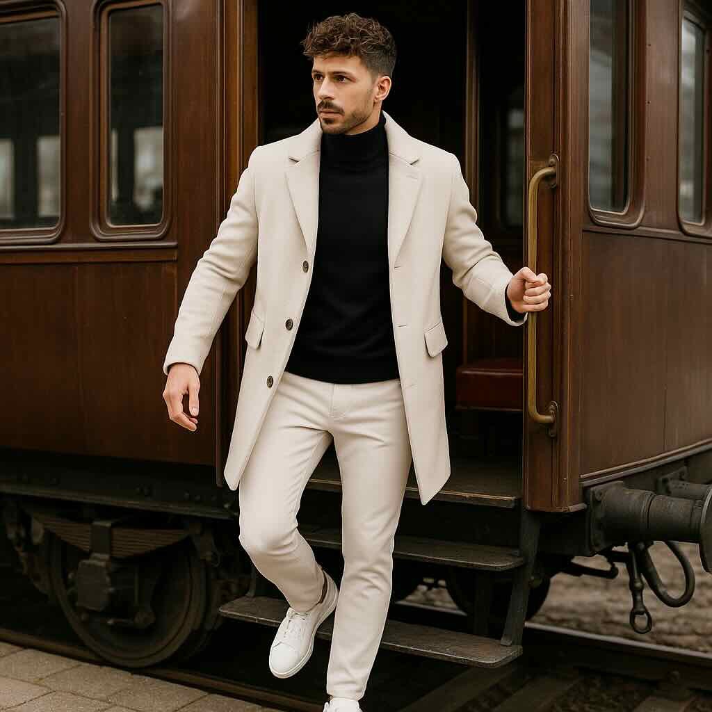 Man met North84 travelpants in stone kleur – casual outfit met stone kleurig parka jas