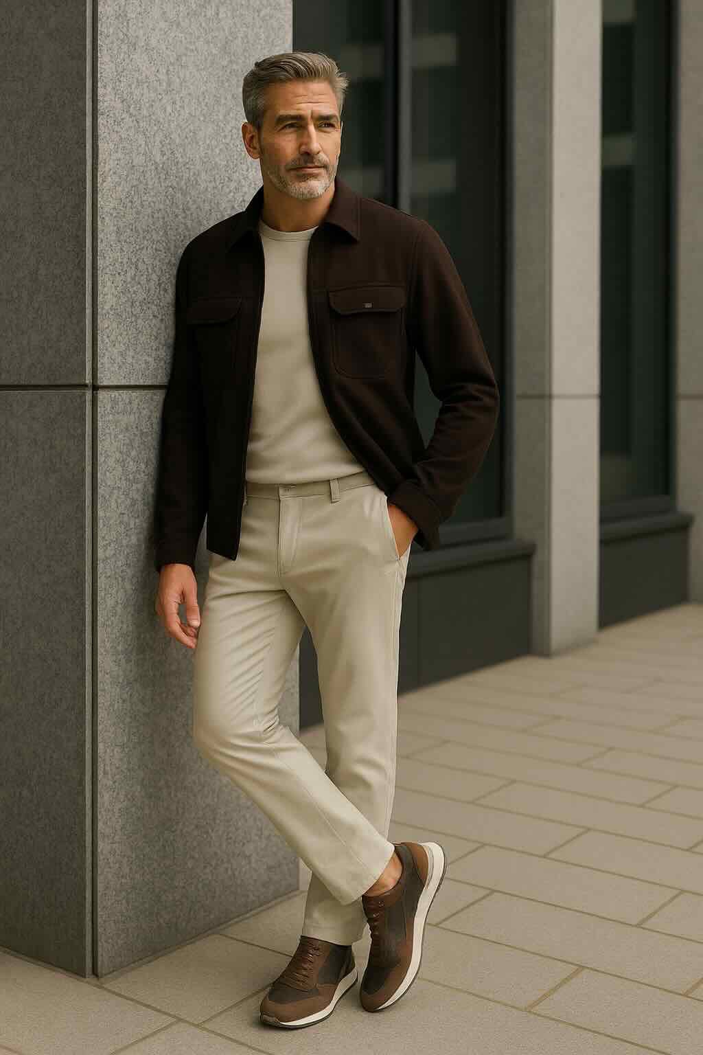 Casual outfit met North84 travel pants stone – perfect voor reizen of werk